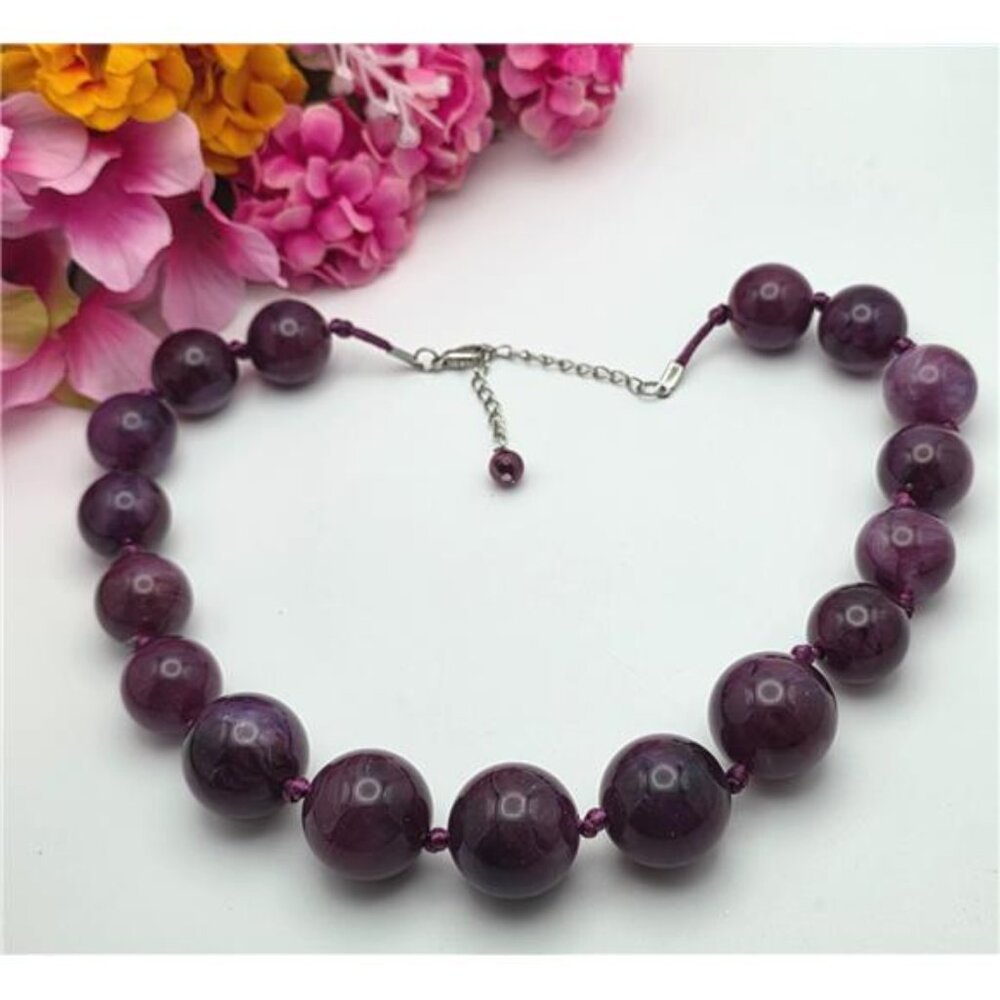 Purple Marbled Lucite Gumball Bead Necklace Graduated Chunky 22" Silver Tone